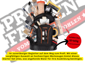 Mit dem FRIESS-Azubi-Rucksack erhalten Auszubildende eine einheitliche Anfangsausstattung, die gleiche Startbedingungen für alle gewährleistet. Dank der sorgfältigen Zusammenstellung in Zusammenarbeit mit erfahrenen Malermeistern aus der Praxis können angehende Maler von Anfang an professionell arbeiten und ihre Fähigkeiten weiterentwickeln.