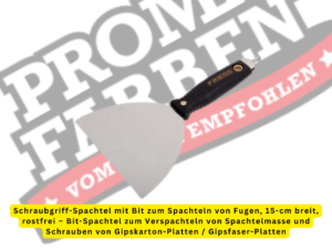 Der Schraub-Spachtel von Knauf ist ein Universal-Helfer für die Renovierung: Er verfügt sowohl über eine breite Spachtel-Klinge als auch über einen Kreuz-Schlitz Bit zum Eindrehen von Schrauben. Der Schrauben-Spachtel verfügt über ein 150-mm breites Spachtel-Blatt aus Edelstahl, welches bei Spachtelarbeiten immer höchste Qualität garantiert. Mit Hilfe des integrierten PH2 Kreuzschlitz-Schraubendrehers am Ende des Holz-Griffs können herausstehende Schrauben in Gips-Platten ganz leicht nachgezogen werden. Dank des ergonomischen Soft-Griffs aus Kunststoff wird das Verspachteln von Gips-Platten mit dem Trockenbau-Spachtel so einfach wie nie zuvor. Der Fugen-Spachtel ist vielseitig einsetzbar: Sowohl im Innen- als auch im Außenbereich, bei Trockenausbau-Arbeiten wie dem Auftragen und Glätten von Spachtel-Mörtel, und beim Einarbeiten von Fugen-Deckstreifen in den nassen Zement-Mörtel.