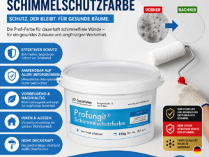Profungit® Schimmelschutzfarbe Die Wirkformel von Profungit® Schimmelschutzfarbe entfernt Schimmel nachhaltig und beugt zuverlässig erneutem Bewuchs von Schimmel langfristig vor. Fast 40 Jahre Produktionserfahrung steckt in den innovativen Anti-Schimmelprodukten von USP-Spezialfarben. Im Laufe dieser Zeit sind die Farben kontinuierlich weiterentwickelt worden und befinden sich heute auf dem technisch neusten Stand.