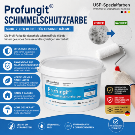 Profungit® Schimmelschutzfarbe Die Wirkformel von Profungit® Schimmelschutzfarbe entfernt Schimmel nachhaltig und beugt zuverlässig erneutem Bewuchs von Schimmel langfristig vor. Fast 40 Jahre Produktionserfahrung steckt in den innovativen Anti-Schimmelprodukten von USP-Spezialfarben. Im Laufe dieser Zeit sind die Farben kontinuierlich weiterentwickelt worden und befinden sich heute auf dem technisch neusten Stand.