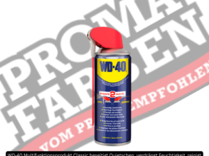 WD-40 Pflegespray, Vielzweckspray, Multifunktionsöl Wir präsentieren Ihnen das WD-40 Multifunktionsspray – das bewährte Original unter den Problemlösern. Als vielseitiges Pflegespray, Rostlöser, Schmiermittel, Kontaktspray und Reiniger eignet sich WD-40 für den Einsatz in Haushalt, Werkstatt, Garten und Industrie. 5-fach Wirkung in einem Produkt Beseitigt Quietschen: Schmierung für Scharniere, Federn, Rollen, Wasserhähne, Fenster- und Türgriffe, Pedale und Drehstühle Verdrängt Feuchtigkeit: Ideal für Elektrokontakte, Autozündungen, Werkzeuge, Motorräder oder Außenbordmotoren Reinigt und schützt: Entfernt Fett, Klebereste, Farbflecken, Teer und Gummi; hinterlässt schützenden Film gegen Rost Lockert verrostete Teile: Wirkt tief und schnell bei festsitzenden Schrauben, Muttern und Schaltern Löst festsitzende Mechanik: Für Türschlösser, Reissverschlüsse, Schalter, Nähmaschinen u.v.m. Anwendungsfreundlich durch Smart Straw oder Classic WD-40 ist als klassische Spraydose oder mit dem innovativen Smart-Straw-System erhältlich. Der integrierte Sprühkopf erlaubt wahlweise präzises oder großflächiges Auftragen – das Sprühröhrchen kann nicht mehr verloren gehen. Technische Eigenschaften Temperaturbeständigkeit: -50°C bis +150°C Sprühanwendung: auch über Kopf durch 360°-Ventil Frei von: Silikon, Harz und PTFE Herstellerangaben Hans Kraeft GmbH & Co. KGIm Gewerbepark 1, 27798 Hude, DeutschlandTelefon: +49 (0)4408 80340 Sicherheitshinweise Signalwort: Gefahr Extrem entzündbares Aerosol Behälter steht unter Druck: Kann bei Erwärmung bersten Kann Benommenheit oder Schwindel verursachen Wiederholter Hautkontakt kann zu Rissbildung führen Aerosol oder Dampf nicht einatmen Vor Sonnenlicht schützen und nicht über 50 °C lagern Nur in gut gelüfteten Bereichen verwenden Anwendungshinweise Vor Gebrauch gut schütteln Zielgerichtet aufs Material aufsprühen Bei elektrischen Bauteilen sicherstellen, dass Geräte spannungsfrei sind Produktreste mit Tuch abwischen Jetzt WD-40 kaufen Sichern Sie sich jetzt das WD-40 Vielzweckspray im Classic- oder Smart-Straw-Format bei ProMa Farben & Lacke – für Haushalt, Werkstatt oder professionelle Anwendungen. Jetzt bequem online bestellen oder direkt in unserem Fachhandel in Hamburg erwerben!