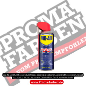 WD-40 Pflegespray, Vielzweckspray, Multifunktionsöl Wir präsentieren Ihnen das WD-40 Multifunktionsspray – das bewährte Original unter den Problemlösern. Als vielseitiges Pflegespray, Rostlöser, Schmiermittel, Kontaktspray und Reiniger eignet sich WD-40 für den Einsatz in Haushalt, Werkstatt, Garten und Industrie. 5-fach Wirkung in einem Produkt Beseitigt Quietschen: Schmierung für Scharniere, Federn, Rollen, Wasserhähne, Fenster- und Türgriffe, Pedale und Drehstühle Verdrängt Feuchtigkeit: Ideal für Elektrokontakte, Autozündungen, Werkzeuge, Motorräder oder Außenbordmotoren Reinigt und schützt: Entfernt Fett, Klebereste, Farbflecken, Teer und Gummi; hinterlässt schützenden Film gegen Rost Lockert verrostete Teile: Wirkt tief und schnell bei festsitzenden Schrauben, Muttern und Schaltern Löst festsitzende Mechanik: Für Türschlösser, Reissverschlüsse, Schalter, Nähmaschinen u.v.m. Anwendungsfreundlich durch Smart Straw oder Classic WD-40 ist als klassische Spraydose oder mit dem innovativen Smart-Straw-System erhältlich. Der integrierte Sprühkopf erlaubt wahlweise präzises oder großflächiges Auftragen – das Sprühröhrchen kann nicht mehr verloren gehen. Technische Eigenschaften Temperaturbeständigkeit: -50°C bis +150°C Sprühanwendung: auch über Kopf durch 360°-Ventil Frei von: Silikon, Harz und PTFE Herstellerangaben Hans Kraeft GmbH & Co. KGIm Gewerbepark 1, 27798 Hude, DeutschlandTelefon: +49 (0)4408 80340 Sicherheitshinweise Signalwort: Gefahr Extrem entzündbares Aerosol Behälter steht unter Druck: Kann bei Erwärmung bersten Kann Benommenheit oder Schwindel verursachen Wiederholter Hautkontakt kann zu Rissbildung führen Aerosol oder Dampf nicht einatmen Vor Sonnenlicht schützen und nicht über 50 °C lagern Nur in gut gelüfteten Bereichen verwenden Anwendungshinweise Vor Gebrauch gut schütteln Zielgerichtet aufs Material aufsprühen Bei elektrischen Bauteilen sicherstellen, dass Geräte spannungsfrei sind Produktreste mit Tuch abwischen Jetzt WD-40 kaufen Sichern Sie sich jetzt das WD-40 Vielzweckspray im Classic- oder Smart-Straw-Format bei ProMa Farben & Lacke – für Haushalt, Werkstatt oder professionelle Anwendungen. Jetzt bequem online bestellen oder direkt in unserem Fachhandel in Hamburg erwerben!