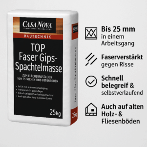 TOP Faser Gips-Spachtelmasse Zum Flächenausgleich von Estrichen und Betonböden Bis 25 mm in einem Arbeitsgang Rissvermeidung durch Faserarmierung Selbstverlaufend und pumpfähig Keine Wartezeit nach Grundierung von calciumsulfatgebundenen Untergründen Ideal zur Renovierung von Altuntergründen