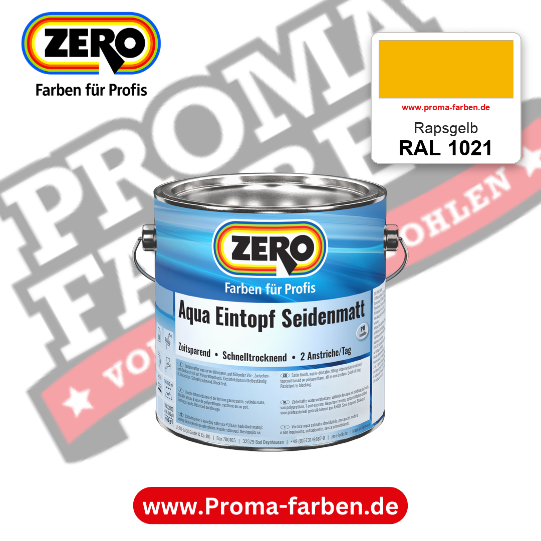 ZERO Aqua Eintopf Seidenmatt RAL 1021 Rapsgelb – im ZERO-MiX-System, online kaufen bei Proma Farben