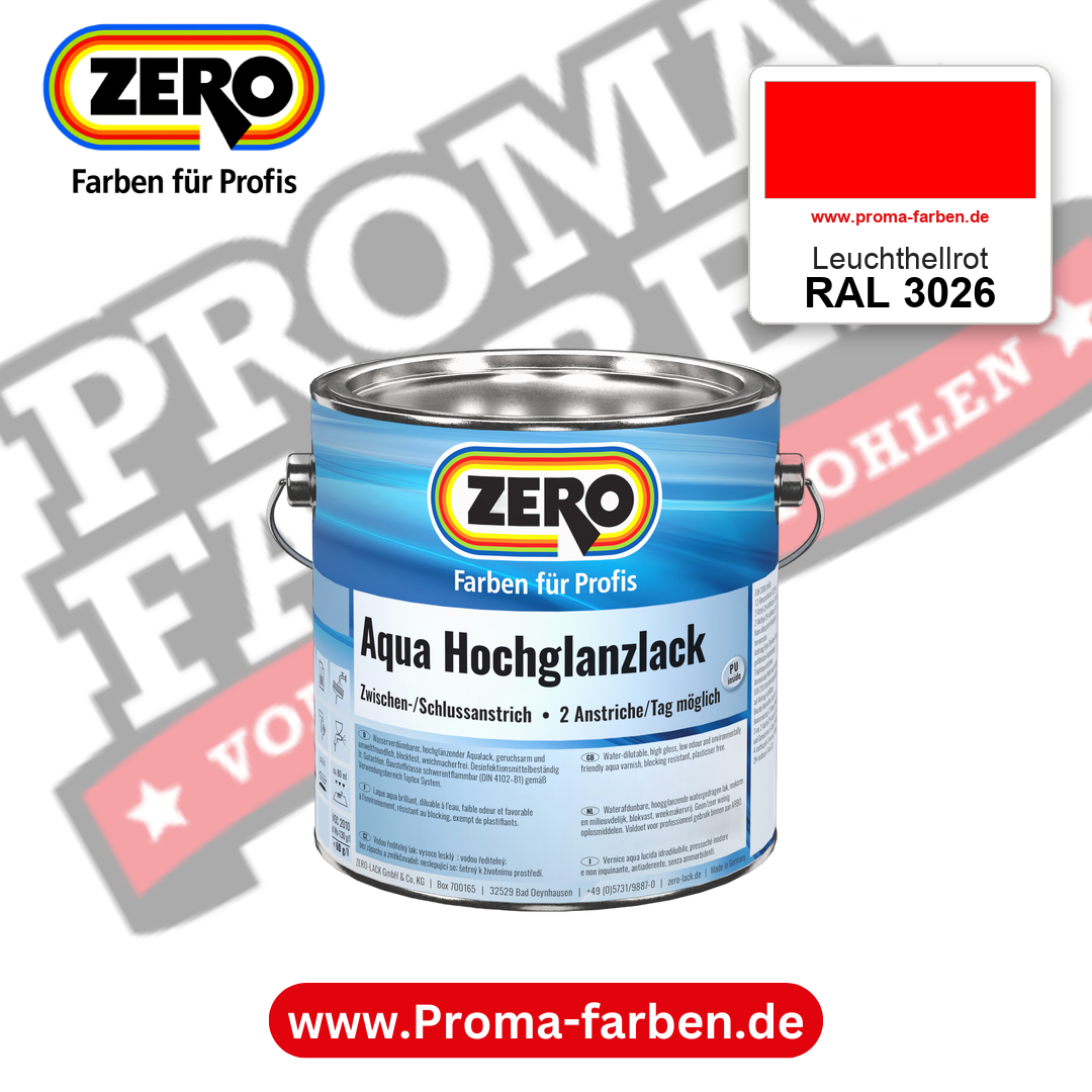 ZERO Aqua Hochglanzlack RAL 3026 Leuchthellrot – im ZERO-MiX-System, online kaufen bei Proma Farben