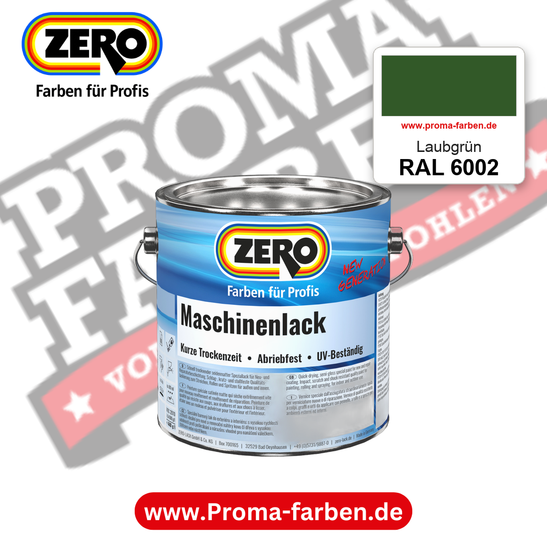 Zero Maschinenlack RAL 6002 Laubgrün – seidenmatter Alkydharz-Maschinenlack, online kaufen bei Proma Farben