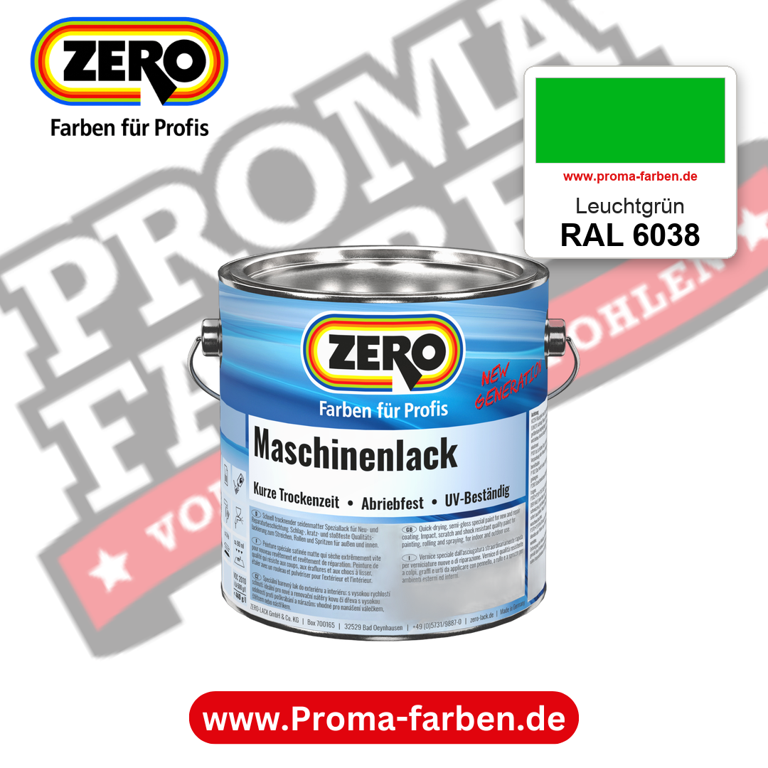 Zero Maschinenlack RAL 6038 Leuchtgrün – seidenmatter Alkydharz-Maschinenlack, online kaufen bei Proma Farben