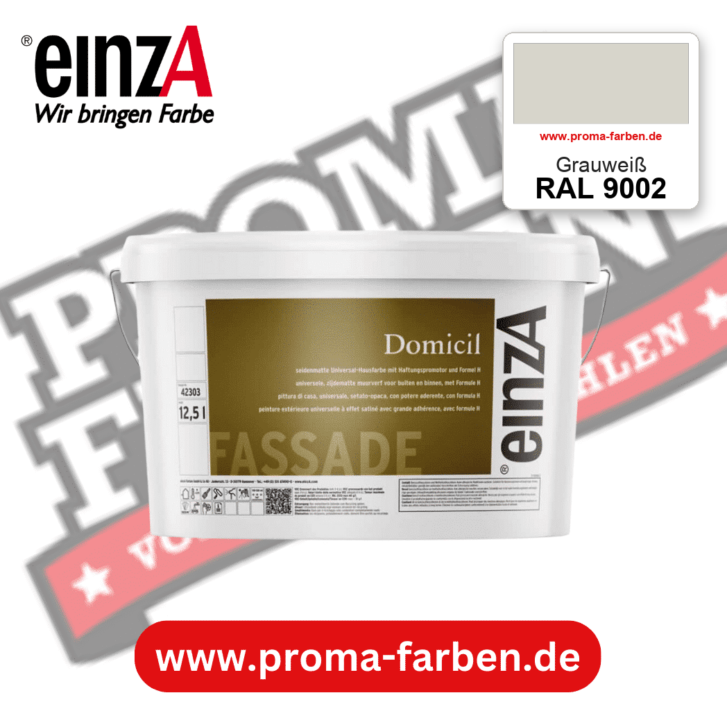 einzA Domicil Fassadenfarbe RAL 9002 Grauweiß – seidenmatte Fassadenfarbe, online kaufen bei Proma Farben