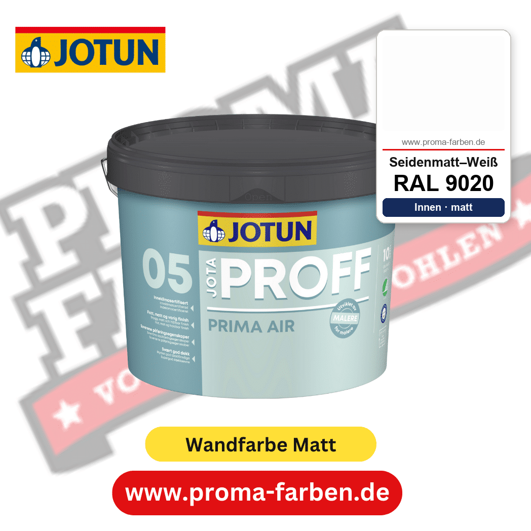 Jotaproff Prima Air 05 RAL 9020 Seidenmatt–Weiß – deckende matte Innenraumfarbe von Jotun, online kaufen bei Proma Farben