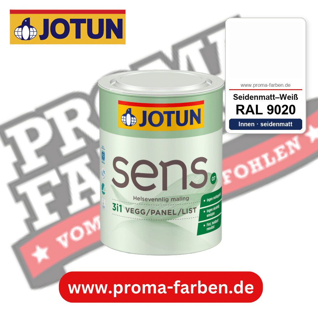 Jotun Sens Vegg/Panel/List 07 RAL 9020 Seidenmatt–Weiß – emissionsarme Innenwandfarbe für Allergiker, online kaufen bei Proma Farben