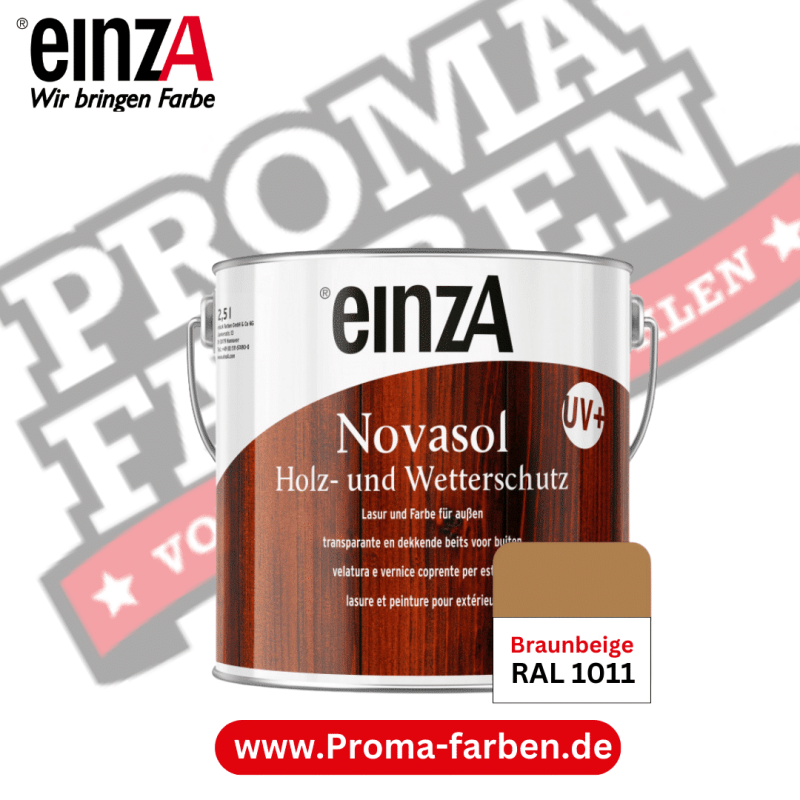 einzA Novasol HW Lasur (RAL 1011 Braunbeige) Lasierender Wetterschutz für außen  Die einzA Novasol Holz Wetterschutz Lasur und Farbe für Außen bietet eine hochwertige Lösung für den Schutz und die Verschönerung Ihrer Holzbauteile im Außenbereich. Mit einem innovativen 2-Schicht-System und einer speziellen Formel, die Bläuebefall verhindert, gewährleistet sie eine herausragende Wetterbeständigkeit. Diese Lasur und Farbe ist sowohl lasierend als auch deckend erhältlich und kann für verschiedene Holzbauteile im Außenbereich verwendet werden, darunter Verbretterungen, Dachüberstände, Zäune und mehr.