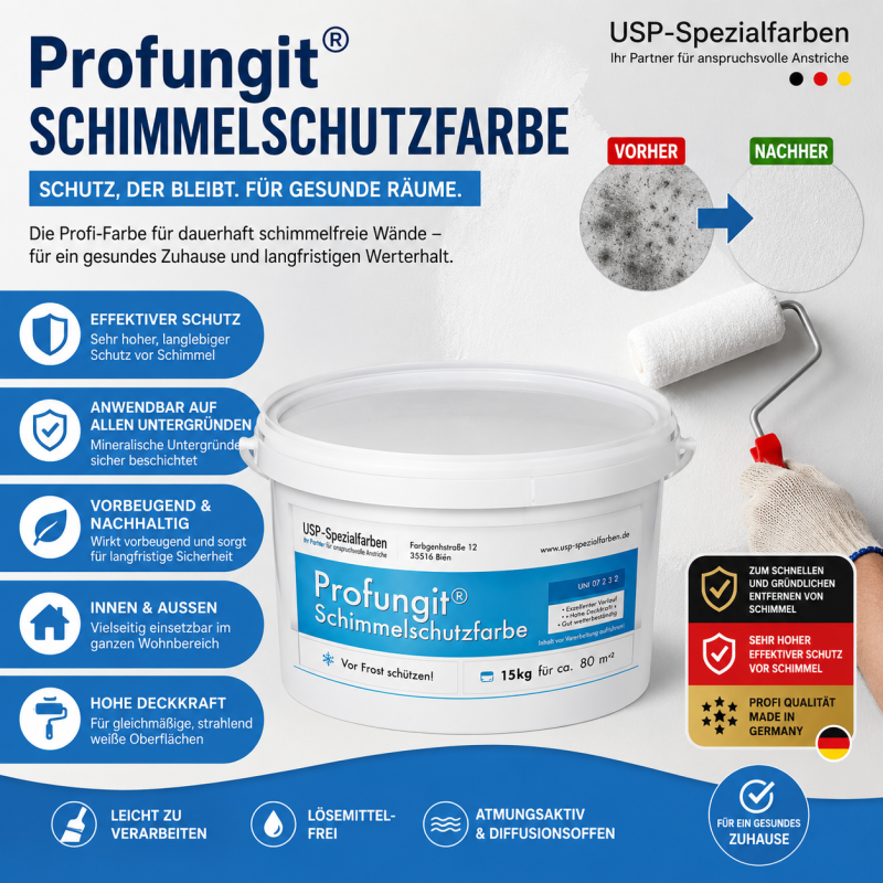 Profungit® Schimmelschutzfarbe Die Wirkformel von Profungit® Schimmelschutzfarbe entfernt Schimmel nachhaltig und beugt zuverlässig erneutem Bewuchs von Schimmel langfristig vor. Fast 40 Jahre Produktionserfahrung steckt in den innovativen Anti-Schimmelprodukten von USP-Spezialfarben. Im Laufe dieser Zeit sind die Farben kontinuierlich weiterentwickelt worden und befinden sich heute auf dem technisch neusten Stand.
