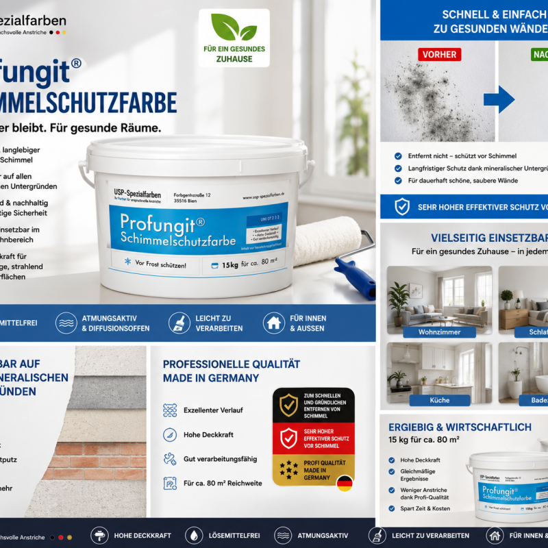 Profungit® Schimmelschutzfarbe Die Wirkformel von Profungit® Schimmelschutzfarbe entfernt Schimmel nachhaltig und beugt zuverlässig erneutem Bewuchs von Schimmel langfristig vor. Fast 40 Jahre Produktionserfahrung steckt in den innovativen Anti-Schimmelprodukten von USP-Spezialfarben. Im Laufe dieser Zeit sind die Farben kontinuierlich weiterentwickelt worden und befinden sich heute auf dem technisch neusten Stand.