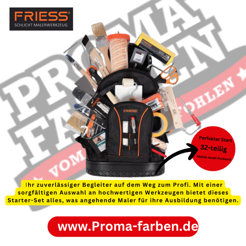 Mit dem FRIESS-Azubi-Rucksack erhalten Auszubildende eine einheitliche Anfangsausstattung, die gleiche Startbedingungen für alle gewährleistet. Dank der sorgfältigen Zusammenstellung in Zusammenarbeit mit erfahrenen Malermeistern aus der Praxis können angehende Maler von Anfang an professionell arbeiten und ihre Fähigkeiten weiterentwickeln.