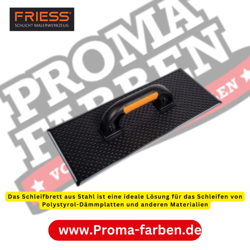 Friess Techno Schleifbrett Stahl - gelocht Das Schleifbrett aus Stahl ist eine ideale Lösung für das Schleifen von Polystyrol-Dämmplatten und anderen Materialien. Mit seinem gelochten Grundbrett und dem ergonomischen 2K-Griff bietet es eine komfortable und effiziente Arbeitsweise. Eigenschaften: Hochwertiges Stahlmaterial für Langlebigkeit und Robustheit Gelochtes Grundbrett zur Ableitung des Abriebs nach außen und Vermeidung von Verkleben Ergonomischer 2K-Griff für komfortables Arbeiten Komplett randloses Design für gleichmäßiges Schleifen ohne Kantenabdrücke Ideal zum Schleifen von Polystyrol-Dämmplatten an Fassaden und anderen Oberflächen