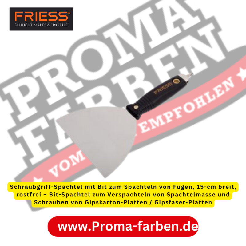 Friess Techno Trockenbauspachtel rostfrei 15 cm kaufen bei Proma Farben Der Schraub-Spachtel von Knauf ist ein Universal-Helfer für die Renovierung: Er verfügt sowohl über eine breite Spachtel-Klinge als auch über einen Kreuz-Schlitz Bit zum Eindrehen von Schrauben. Der Schrauben-Spachtel verfügt über ein 150-mm breites Spachtel-Blatt aus Edelstahl, welches bei Spachtelarbeiten immer höchste Qualität garantiert. Mit Hilfe des integrierten PH2 Kreuzschlitz-Schraubendrehers am Ende des Holz-Griffs können herausstehende Schrauben in Gips-Platten ganz leicht nachgezogen werden. Dank des ergonomischen Soft-Griffs aus Kunststoff wird das Verspachteln von Gips-Platten mit dem Trockenbau-Spachtel so einfach wie nie zuvor. Der Fugen-Spachtel ist vielseitig einsetzbar: Sowohl im Innen- als auch im Außenbereich, bei Trockenausbau-Arbeiten wie dem Auftragen und Glätten von Spachtel-Mörtel, und beim Einarbeiten von Fugen-Deckstreifen in den nassen Zement-Mörtel.