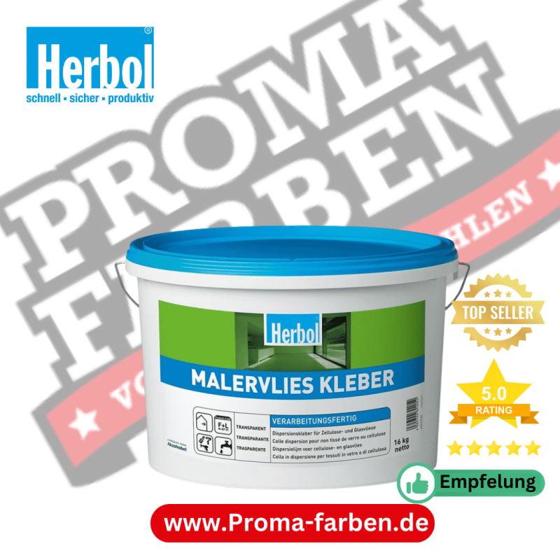 Entdecken Sie den Herbol Malervlies Kleber, Ihre Lösung für eine zuverlässige Befestigung von Zellulose- und Glasvliesen. Mit 16 kg hochwertigem Dispersionskleber bietet dieses Produkt eine starke Verbindung und ist besonders einfach anzuwenden.