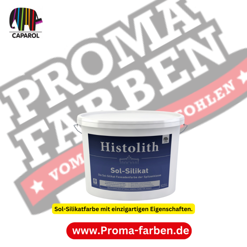 Histolith® Sol-Silikat ist eine mineralische Fassadenfarbe mit einzigartigen Eigenschaften: Die neuartige mineralische Bindemittelkombination ermöglicht ein universelles Anwendungsgebiet. Der Zusatz von Lithiumwasserglas verhindert Pottasche-Ausblühungen und ermöglicht besonders brillante Farbtöne. Histolith® Sol-Silikat vereinigt die Vorteile der bewährten Silikatfarben und der Siliconharzfarben in sich. Hervorragend zu verarbeiten. Geeignet sowohl für mineralische Untergründe als auch für die Überarbeitung von alten matten Dispersionsfarben und alten Siliconharzfarben.