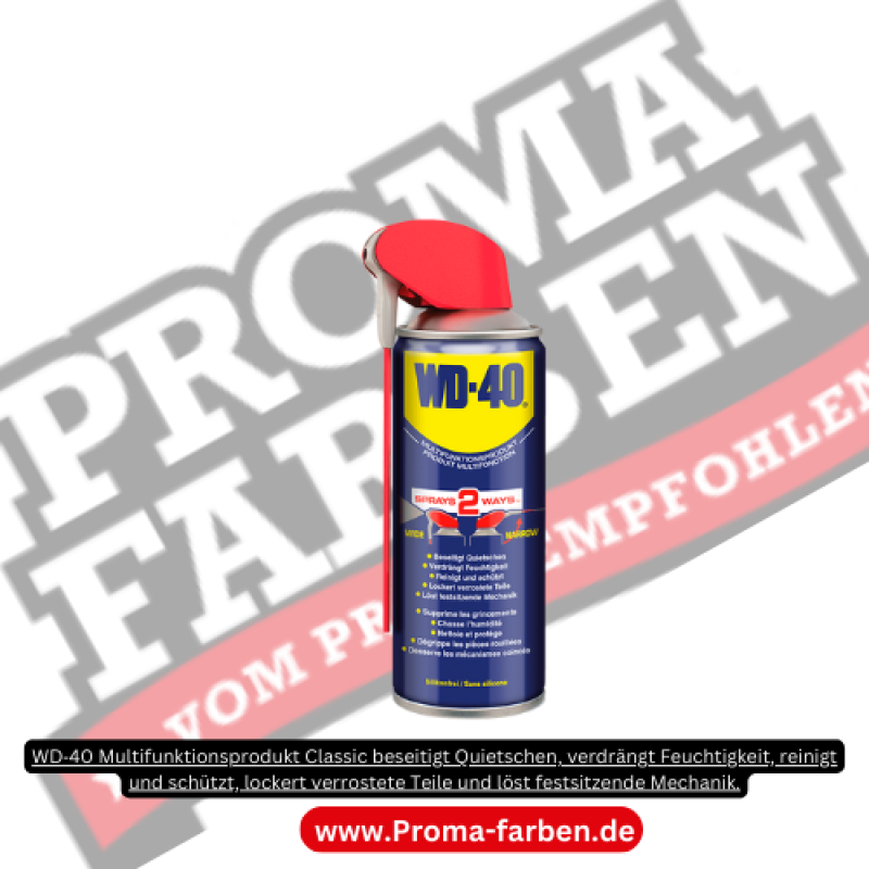 WD-40 Pflegespray, Vielzweckspray, Multifunktionsöl Wir präsentieren Ihnen das WD-40 Multifunktionsspray – das bewährte Original unter den Problemlösern. Als vielseitiges Pflegespray, Rostlöser, Schmiermittel, Kontaktspray und Reiniger eignet sich WD-40 für den Einsatz in Haushalt, Werkstatt, Garten und Industrie. 5-fach Wirkung in einem Produkt Beseitigt Quietschen: Schmierung für Scharniere, Federn, Rollen, Wasserhähne, Fenster- und Türgriffe, Pedale und Drehstühle Verdrängt Feuchtigkeit: Ideal für Elektrokontakte, Autozündungen, Werkzeuge, Motorräder oder Außenbordmotoren Reinigt und schützt: Entfernt Fett, Klebereste, Farbflecken, Teer und Gummi; hinterlässt schützenden Film gegen Rost Lockert verrostete Teile: Wirkt tief und schnell bei festsitzenden Schrauben, Muttern und Schaltern Löst festsitzende Mechanik: Für Türschlösser, Reissverschlüsse, Schalter, Nähmaschinen u.v.m. Anwendungsfreundlich durch Smart Straw oder Classic WD-40 ist als klassische Spraydose oder mit dem innovativen Smart-Straw-System erhältlich. Der integrierte Sprühkopf erlaubt wahlweise präzises oder großflächiges Auftragen – das Sprühröhrchen kann nicht mehr verloren gehen. Technische Eigenschaften Temperaturbeständigkeit: -50°C bis +150°C Sprühanwendung: auch über Kopf durch 360°-Ventil Frei von: Silikon, Harz und PTFE Herstellerangaben Hans Kraeft GmbH & Co. KGIm Gewerbepark 1, 27798 Hude, DeutschlandTelefon: +49 (0)4408 80340 Sicherheitshinweise Signalwort: Gefahr Extrem entzündbares Aerosol Behälter steht unter Druck: Kann bei Erwärmung bersten Kann Benommenheit oder Schwindel verursachen Wiederholter Hautkontakt kann zu Rissbildung führen Aerosol oder Dampf nicht einatmen Vor Sonnenlicht schützen und nicht über 50 °C lagern Nur in gut gelüfteten Bereichen verwenden Anwendungshinweise Vor Gebrauch gut schütteln Zielgerichtet aufs Material aufsprühen Bei elektrischen Bauteilen sicherstellen, dass Geräte spannungsfrei sind Produktreste mit Tuch abwischen Jetzt WD-40 kaufen Sichern Sie sich jetzt das WD-40 Vielzweckspray im Classic- oder Smart-Straw-Format bei ProMa Farben & Lacke – für Haushalt, Werkstatt oder professionelle Anwendungen. Jetzt bequem online bestellen oder direkt in unserem Fachhandel in Hamburg erwerben!