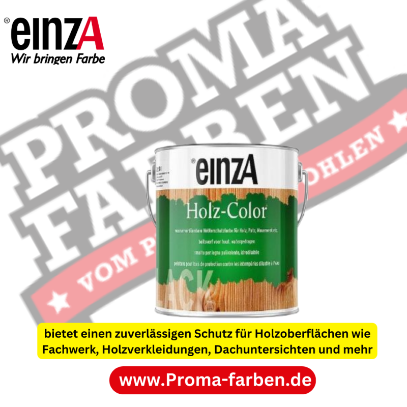 EinzA Holz Color ist eine hochwertige wasserverdünnbare Wetterschutzfarbe, die speziell für den Einsatz im Außenbereich entwickelt wurde. Sie bietet einen zuverlässigen Schutz für Holzoberflächen sowie andere Materialien wie Putz, Beton, Mauerwerk, Faserzement, Zinkblech, verzinktes Eisen und Aluminium. Mit ihrer Formel, die speziell gegen Schmutz und Vergrünung wirkt, ist EinzA Holz Color besonders effektiv für Anwendungen wie Fachwerk, Holzverkleidungen und Dachuntersichten. Diese Farbe zeichnet sich durch ihre seidenglänzende Optik, ihre hohe Elastizität und ihre feuchtigkeitsregulierenden Eigenschaften aus. Sie bietet eine ausgezeichnete Haftung auf geeigneten Untergründen und ist chemikalienbeständig sowie wetterbeständig gemäß den gängigen Normen. EinzA Holz Color ist einfach zu verarbeiten und kann gestrichen, gerollt oder airless (luftlos) gespritzt werden. Einza Holz Color Wetterschutzfarbe
