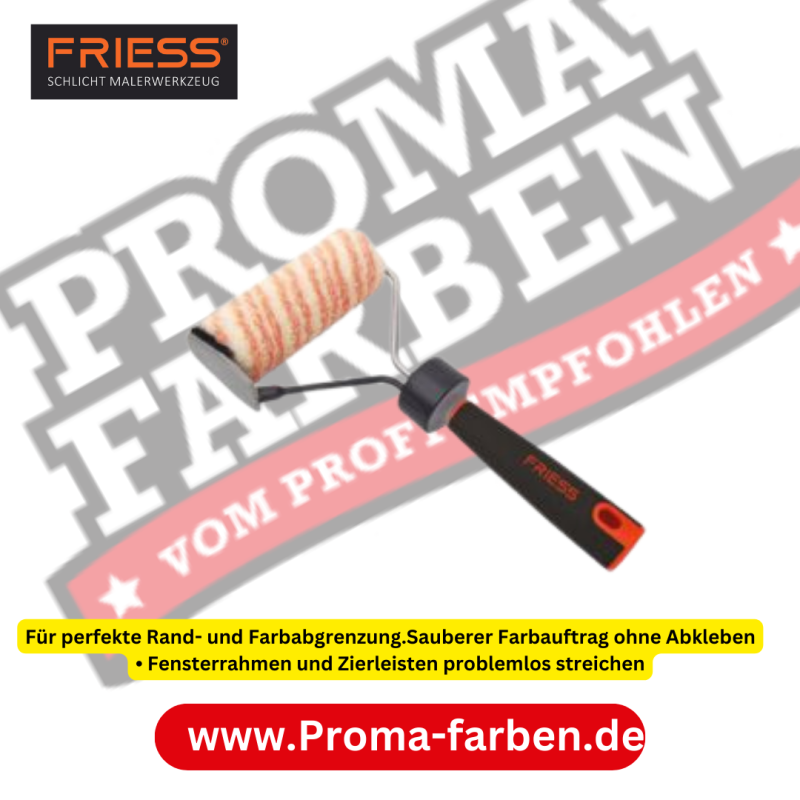 Der Friess Techno Farbroller mit integriertem Kantenstreicher ist das Original deutsche Profiwerkzeug, das Ihnen ein schnelles und einfaches Bestreichen von Kanten mit Wandfarben ermöglicht, ohne dass Sie abkleben müssen. Dieser Farbroller wurde entwickelt, um Ihre Malerarbeiten zu vereinfachen und Ihnen professionelle Ergebnisse zu liefern.