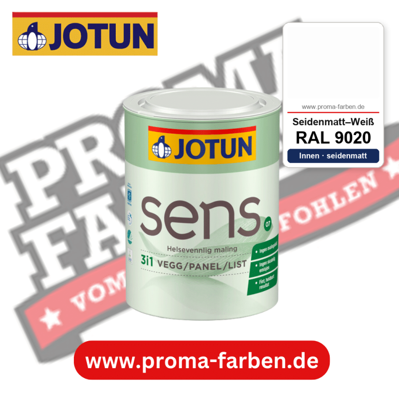Jotun Sens Vegg/Panel/List 07 RAL 9020 Seidenmatt–Weiß – emissionsarme Innenwandfarbe für Allergiker, online kaufen bei Proma Farben